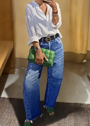 Women High Waist Wide Leg Jeans Light Blue Washed Denim Pants Full Length Raw Hem Loose Fit US Ready Stock